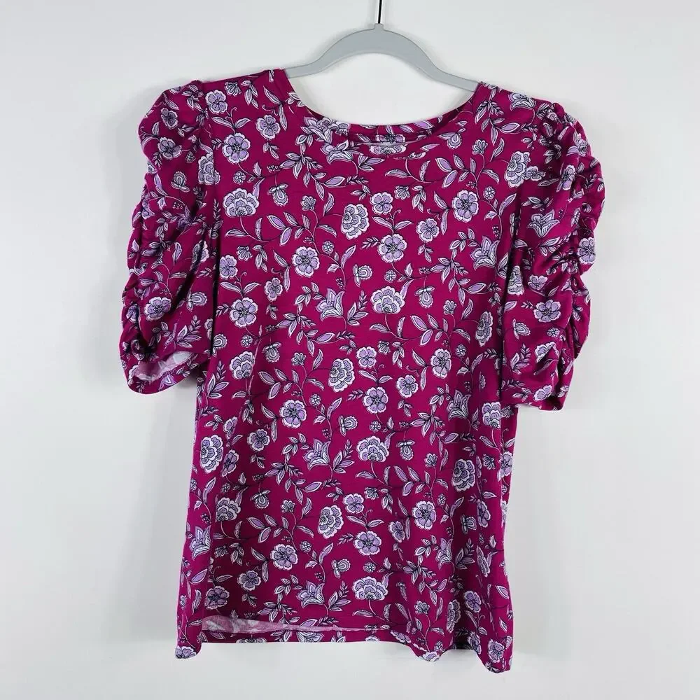 Ann Taylor LOFT Top Small Pink Floral Puff Sleeve Tee 100% Cotton